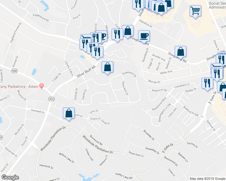 map of restaurants, bars, coffee shops, grocery stores, and more near 199 Donegal Drive in Aiken