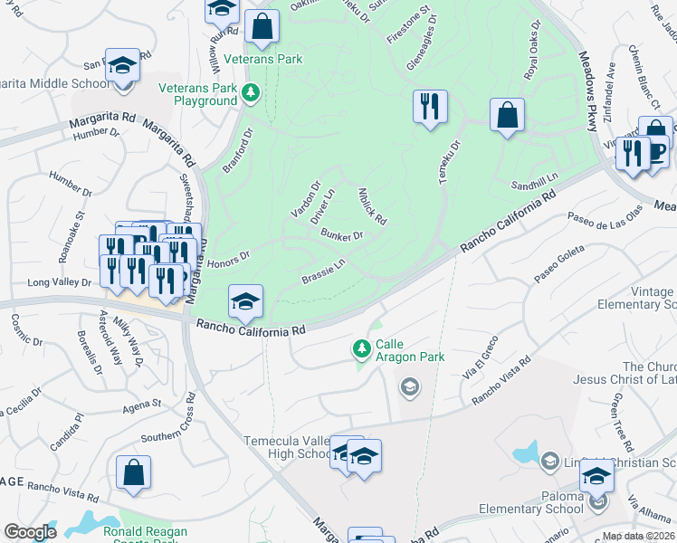 map of restaurants, bars, coffee shops, grocery stores, and more near 30975 Brassie Lane in Temecula