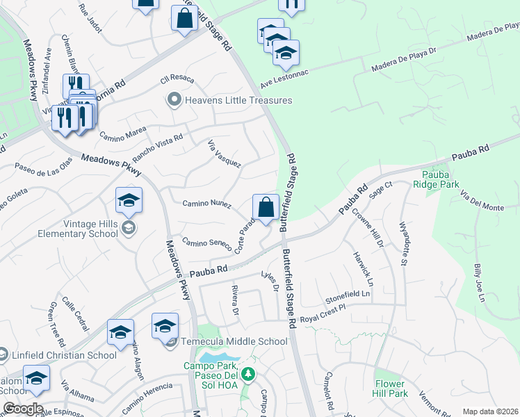 map of restaurants, bars, coffee shops, grocery stores, and more near 32346 Corte Parado in Temecula