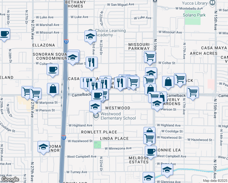 map of restaurants, bars, coffee shops, grocery stores, and more near 2132 West Camelback Road in Phoenix