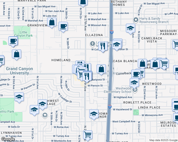 map of restaurants, bars, coffee shops, grocery stores, and more near 2650 West Camelback Road in Phoenix