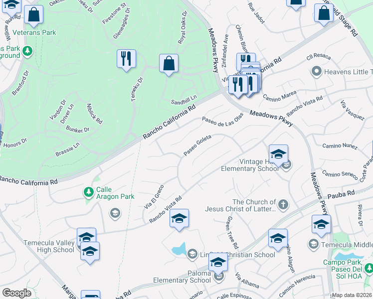 map of restaurants, bars, coffee shops, grocery stores, and more near 31500 Paseo Goleta in Temecula