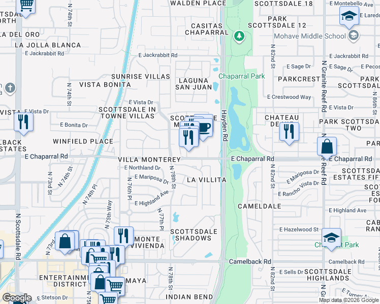map of restaurants, bars, coffee shops, grocery stores, and more near 7904 East Chaparral Road in Scottsdale