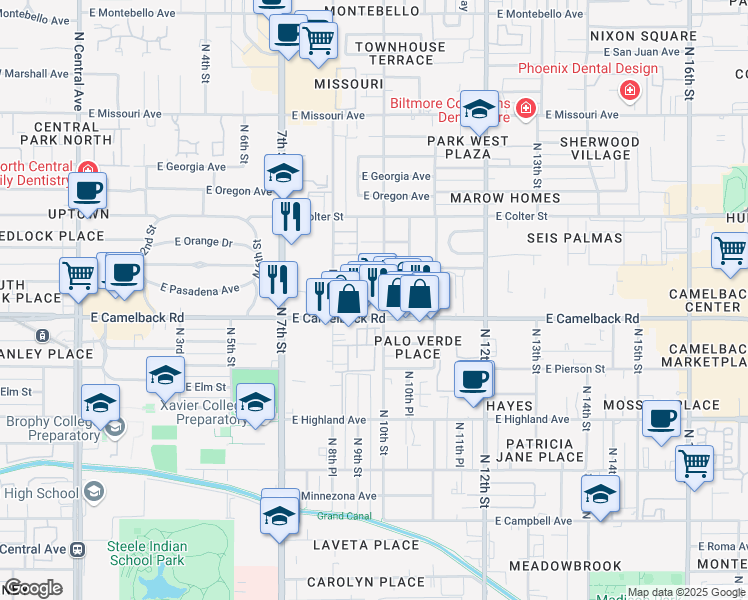 map of restaurants, bars, coffee shops, grocery stores, and more near 1001 East Pasadena Avenue in Phoenix
