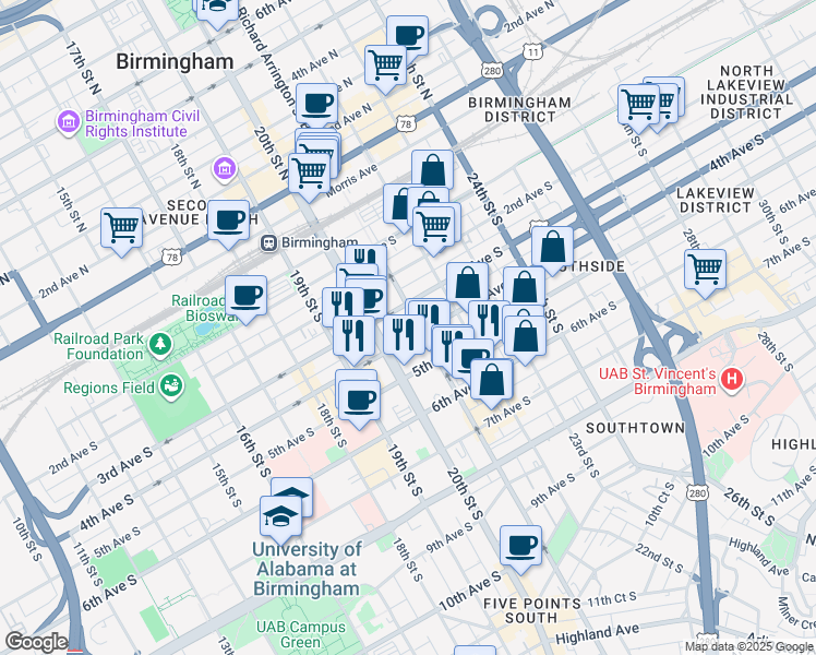 map of restaurants, bars, coffee shops, grocery stores, and more near 311 Richard Arrington Junior Boulevard South in Birmingham