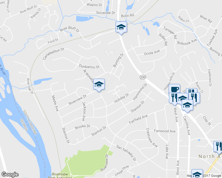 map of restaurants, bars, coffee shops, grocery stores, and more near 5 Cardinal Lane in North Augusta