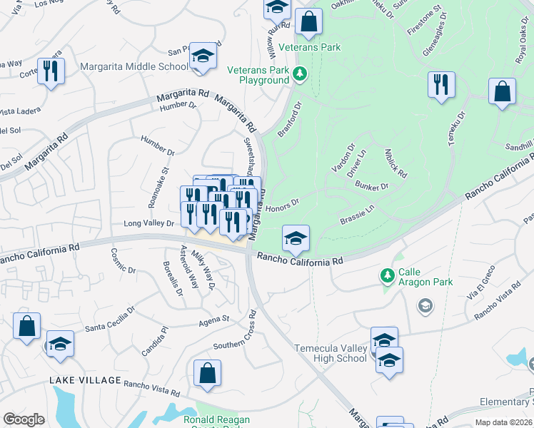 map of restaurants, bars, coffee shops, grocery stores, and more near 30706 Links Court in Temecula