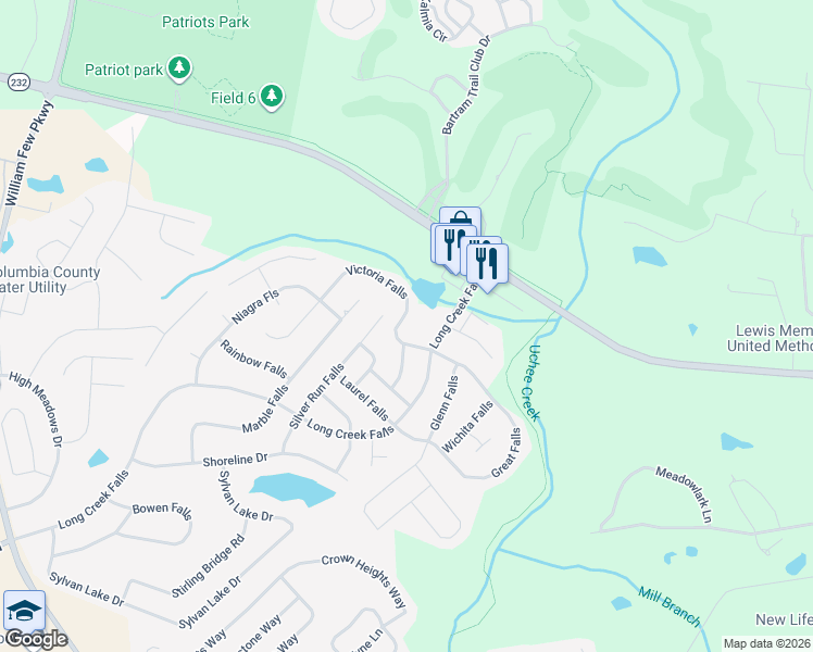 map of restaurants, bars, coffee shops, grocery stores, and more near 5387 Victoria Falls in Grovetown
