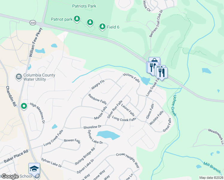map of restaurants, bars, coffee shops, grocery stores, and more near 5446 Victoria Falls in Grovetown