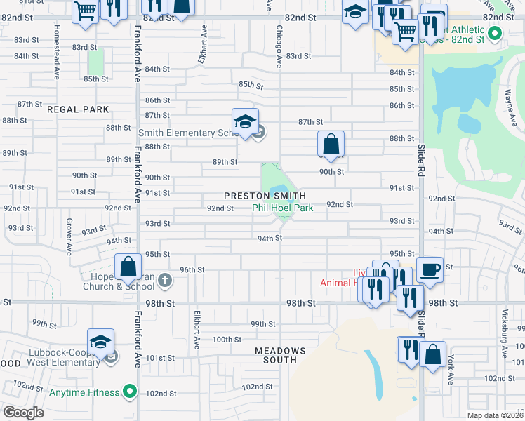 map of restaurants, bars, coffee shops, grocery stores, and more near 5507 92nd Street in Lubbock