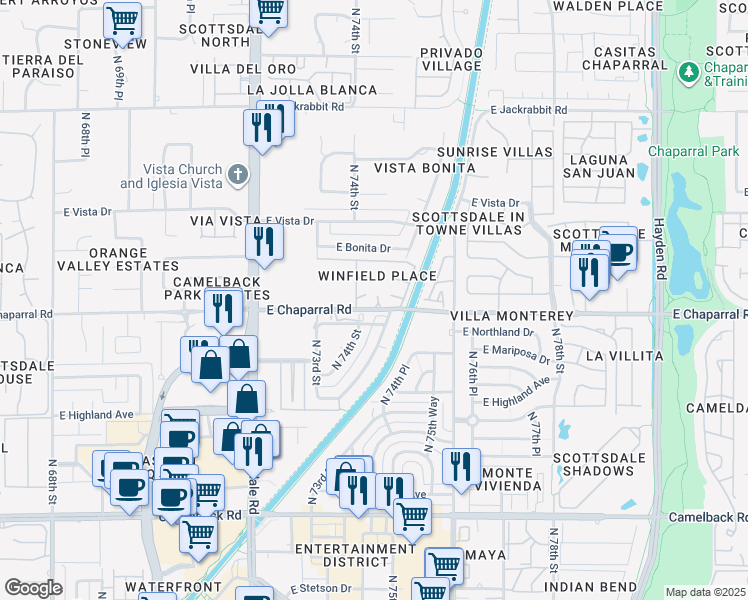 map of restaurants, bars, coffee shops, grocery stores, and more near 7430 East Chaparral Road in Scottsdale