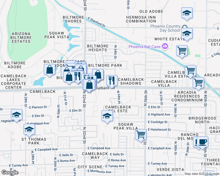 map of restaurants, bars, coffee shops, grocery stores, and more near 3344 North 33rd Place in Phoenix
