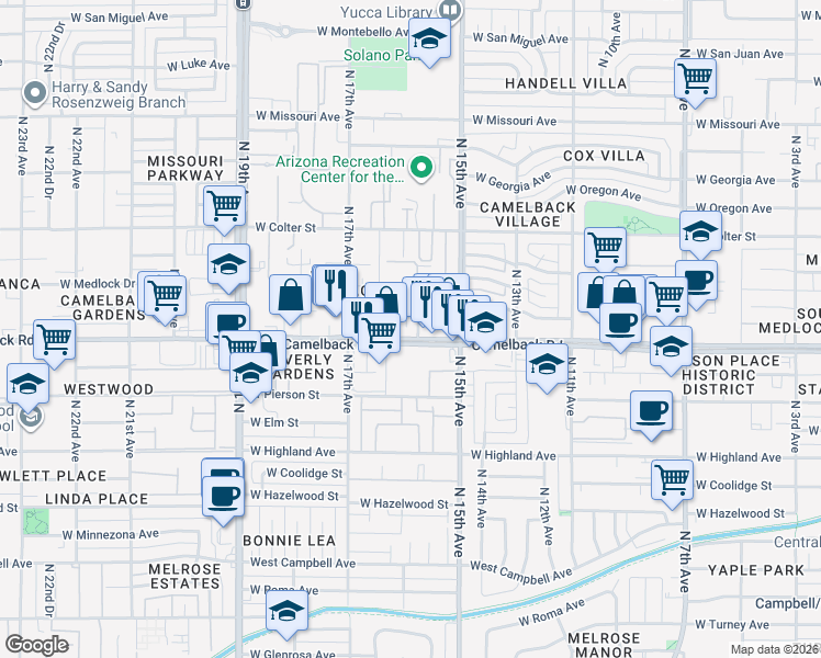 map of restaurants, bars, coffee shops, grocery stores, and more near 1600 West Camelback Road in Phoenix