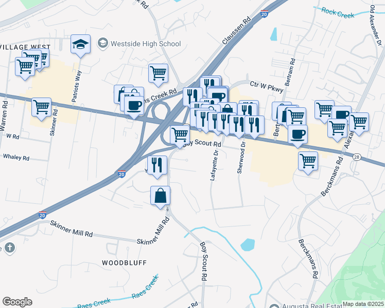 map of restaurants, bars, coffee shops, grocery stores, and more near 2607 Commons Boulevard in Augusta