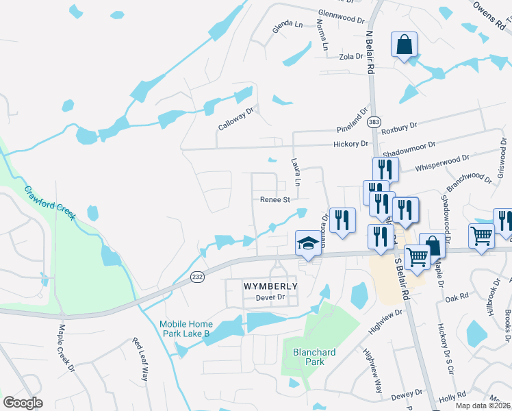 map of restaurants, bars, coffee shops, grocery stores, and more near 123 Shadygrove Drive in Augusta
