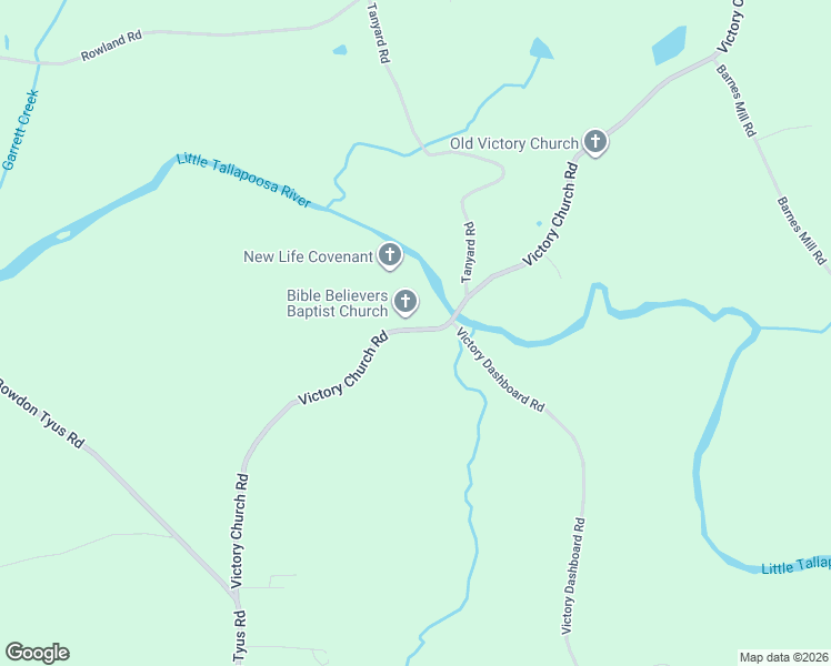 map of restaurants, bars, coffee shops, grocery stores, and more near 2390 Victory Church Road in Bowdon