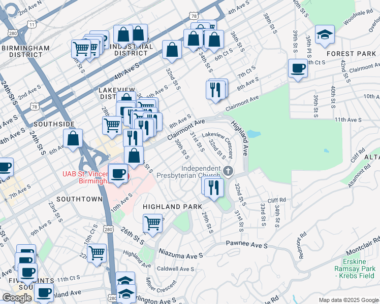 map of restaurants, bars, coffee shops, grocery stores, and more near 928 30th Alley in Birmingham