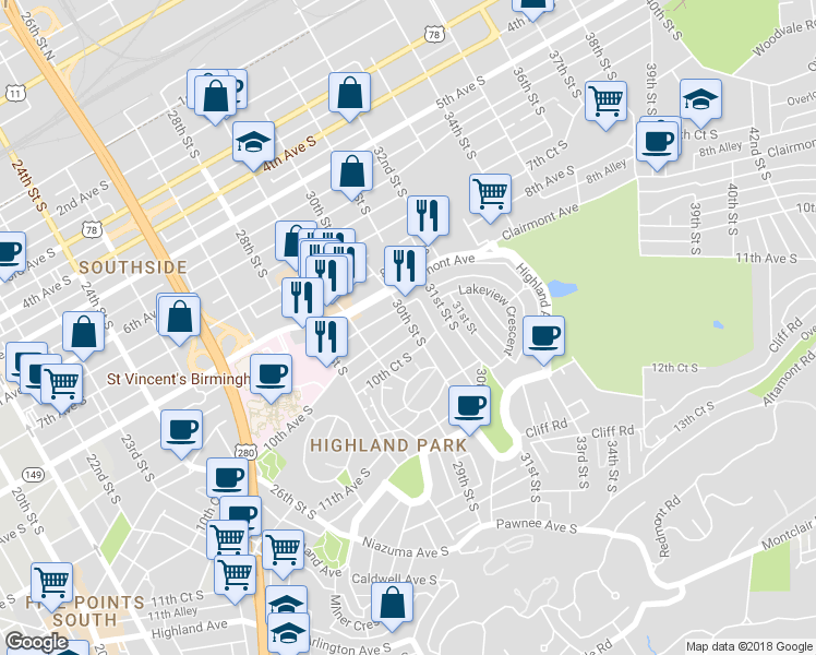 map of restaurants, bars, coffee shops, grocery stores, and more near 822 30th Street South in Birmingham