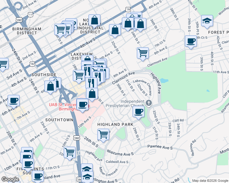map of restaurants, bars, coffee shops, grocery stores, and more near 822 30th Street South in Birmingham