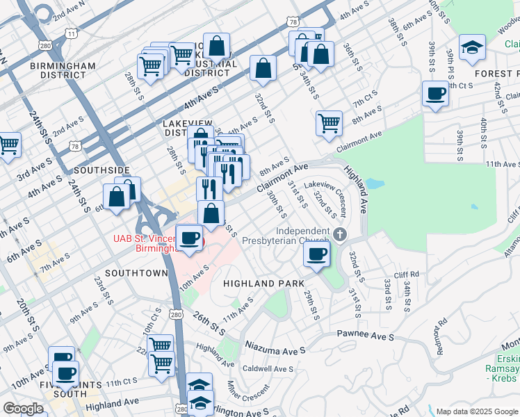 map of restaurants, bars, coffee shops, grocery stores, and more near 822 30th Street South in Birmingham