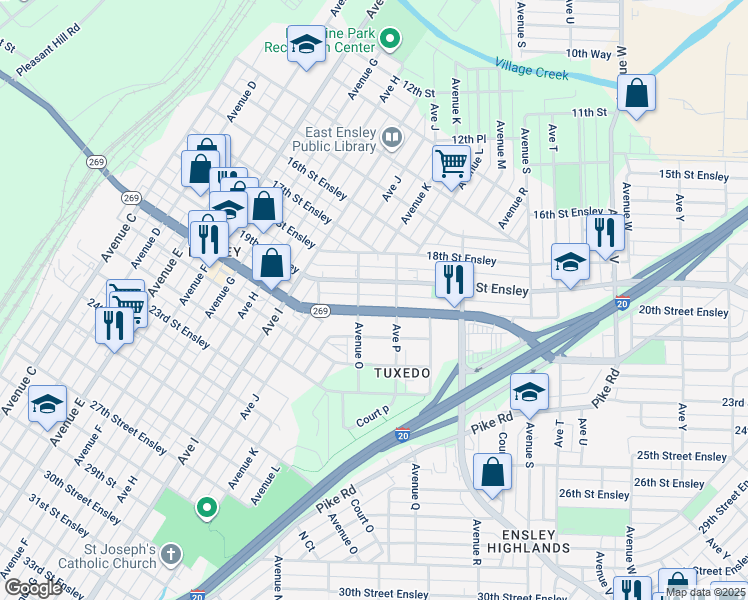 map of restaurants, bars, coffee shops, grocery stores, and more near 1528 20th Street Ensley in Birmingham