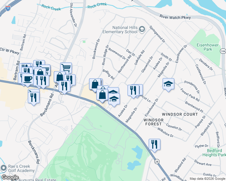 map of restaurants, bars, coffee shops, grocery stores, and more near 1021 Oakdale Road in Augusta