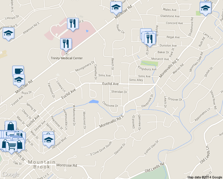 map of restaurants, bars, coffee shops, grocery stores, and more near 117 Crestwood Drive in Birmingham