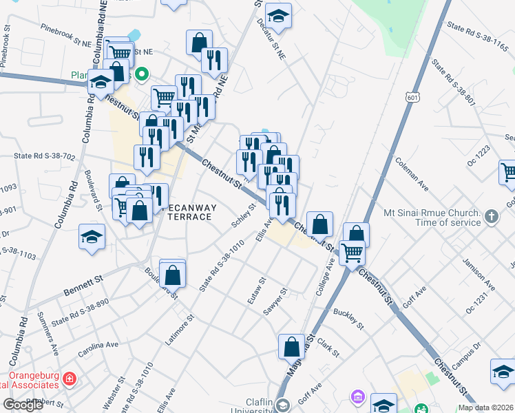 map of restaurants, bars, coffee shops, grocery stores, and more near 1085 Chestnut Street in Orangeburg