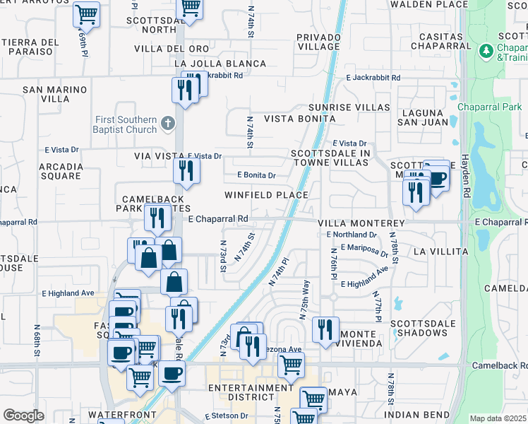 map of restaurants, bars, coffee shops, grocery stores, and more near 7430 East Chaparral Road in Scottsdale