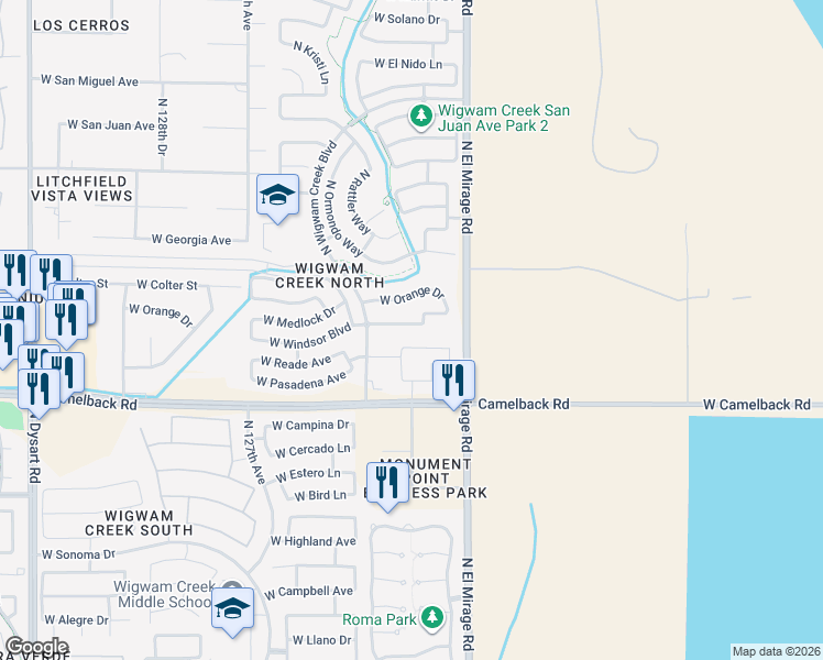 map of restaurants, bars, coffee shops, grocery stores, and more near 12401 West Windsor Boulevard in Litchfield Park