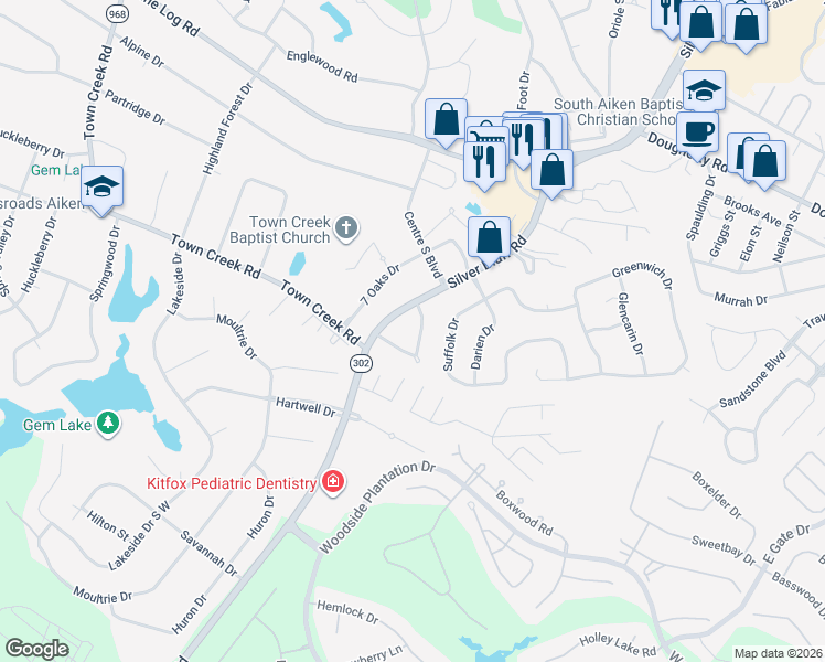 map of restaurants, bars, coffee shops, grocery stores, and more near 107 Indian Creek Trail in Aiken