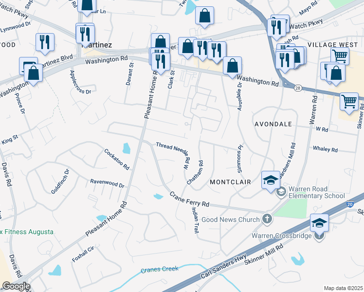 map of restaurants, bars, coffee shops, grocery stores, and more near 3321 Thread Needle Rd W in Augusta