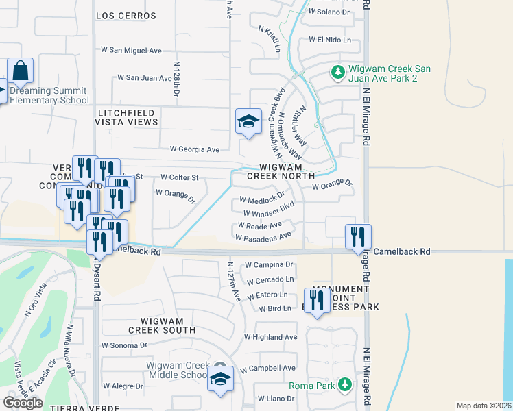 map of restaurants, bars, coffee shops, grocery stores, and more near 12603 West Medlock Drive in Litchfield Park