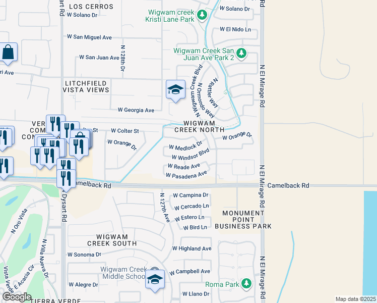 map of restaurants, bars, coffee shops, grocery stores, and more near 12559 West Medlock Drive in Litchfield Park
