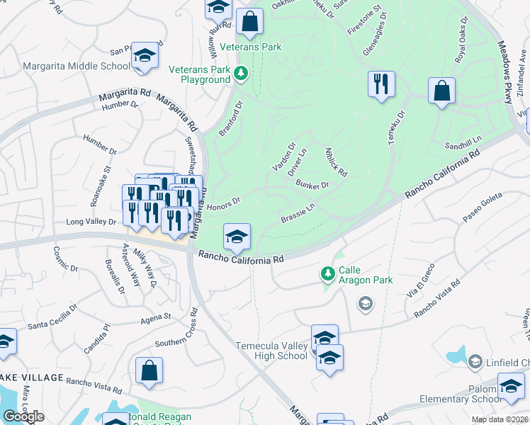 map of restaurants, bars, coffee shops, grocery stores, and more near 30855 Mashie Way in Temecula