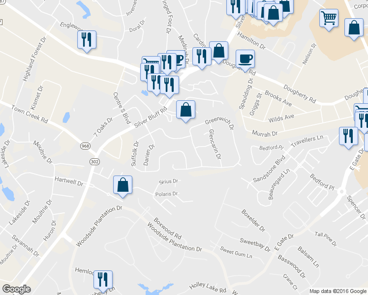 map of restaurants, bars, coffee shops, grocery stores, and more near 39 Suffolk Drive in Aiken