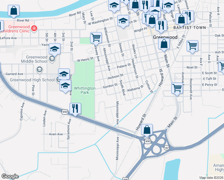 map of restaurants, bars, coffee shops, grocery stores, and more near 1108 Mississippi Ave in Greenwood