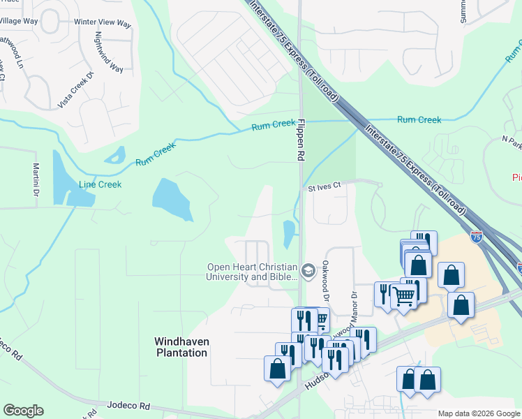 map of restaurants, bars, coffee shops, grocery stores, and more near 1494 Flippen Road in Stockbridge