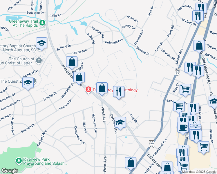 map of restaurants, bars, coffee shops, grocery stores, and more near 105 North Hills Drive in North Augusta