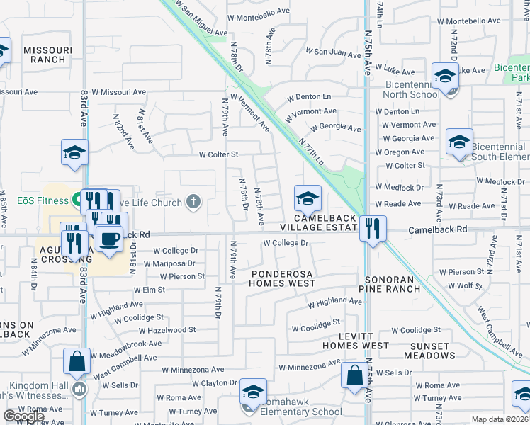 map of restaurants, bars, coffee shops, grocery stores, and more near 5023 North 78th Avenue in Glendale