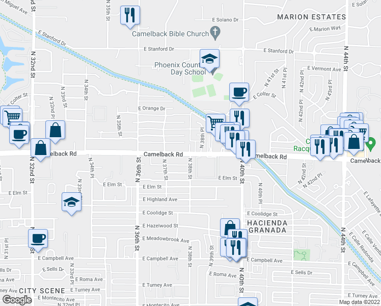 map of restaurants, bars, coffee shops, grocery stores, and more near E Camelback Rd & N 38th St in Phoenix