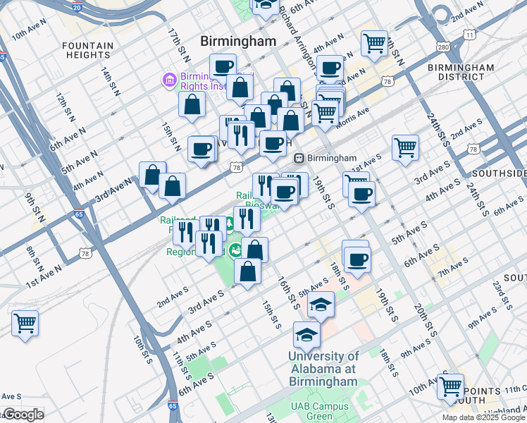 map of restaurants, bars, coffee shops, grocery stores, and more near Railroad Park Lake Path in Birmingham