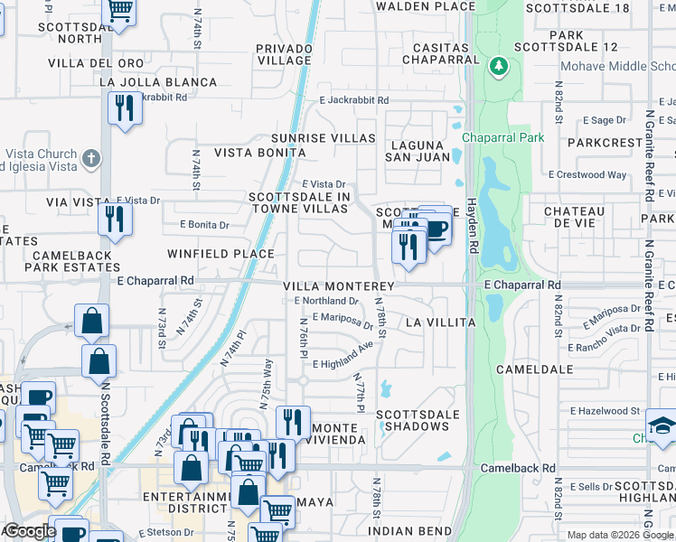 map of restaurants, bars, coffee shops, grocery stores, and more near 7709 East Pasadena Avenue in Scottsdale