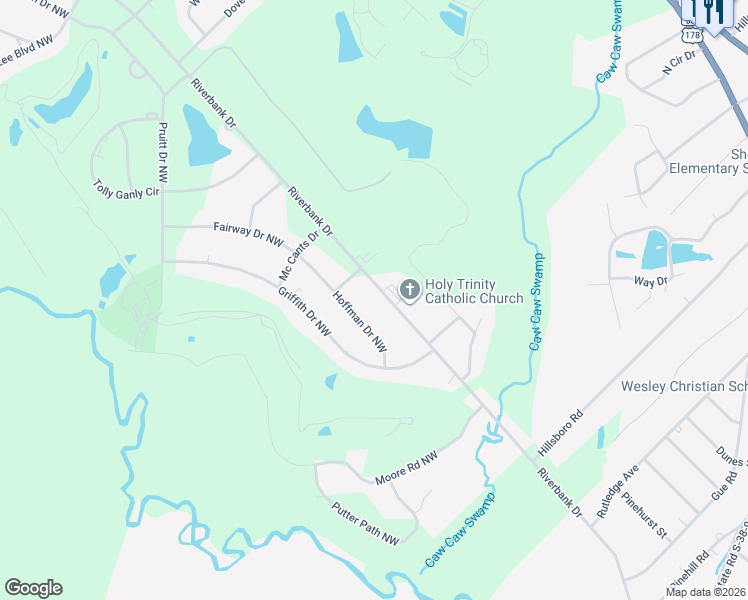 map of restaurants, bars, coffee shops, grocery stores, and more near 2243 Riverbank Drive in Orangeburg