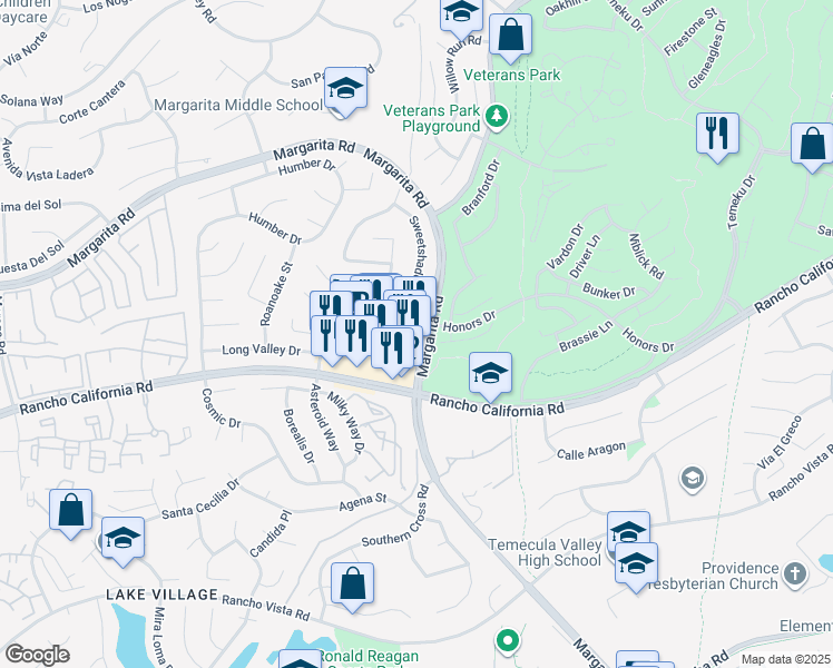 map of restaurants, bars, coffee shops, grocery stores, and more near 42197 Margarita Road in Temecula