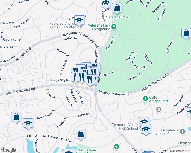 map of restaurants, bars, coffee shops, grocery stores, and more near 42197 Margarita Road in Temecula