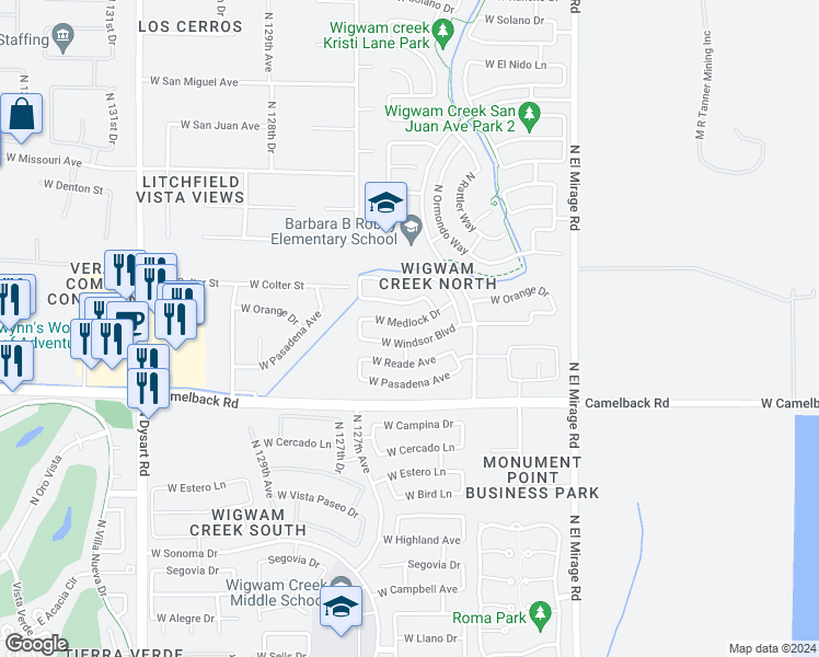 map of restaurants, bars, coffee shops, grocery stores, and more near 12559 West Medlock Drive in Litchfield Park