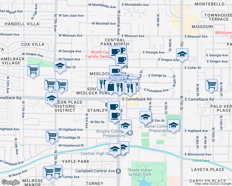 map of restaurants, bars, coffee shops, grocery stores, and more near 5032 North Central Avenue in Phoenix