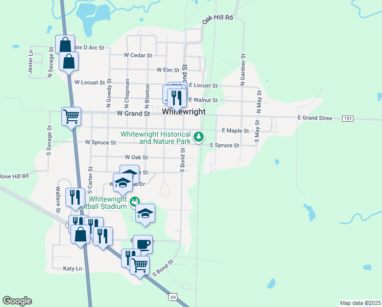 map of restaurants, bars, coffee shops, grocery stores, and more near 308 South Bond Street in Whitewright