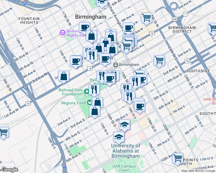map of restaurants, bars, coffee shops, grocery stores, and more near 1701 1st Avenue South in Birmingham